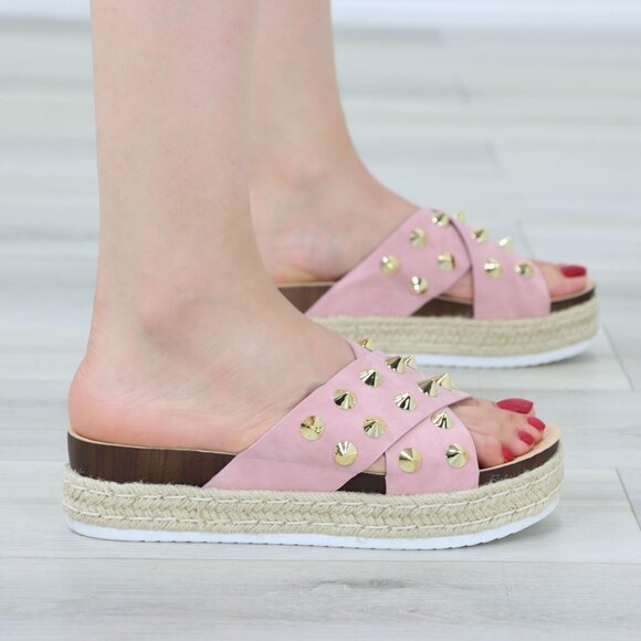 Pink Platform Sandals Nubuck Espadrille Heel Gold Metal Stud Slip On Sliders - Picture 10 of 12